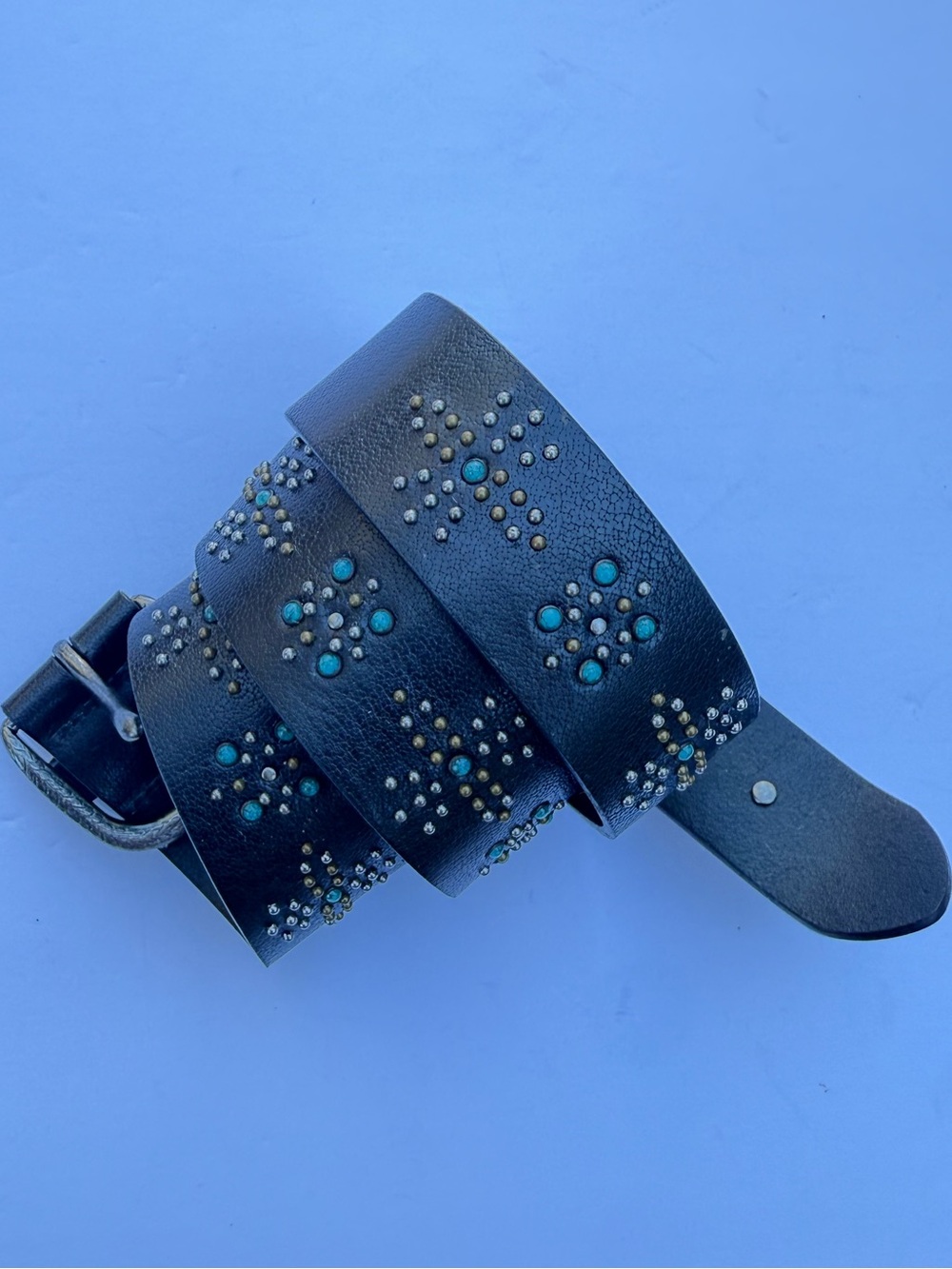 Lucky Brand Women's Black Studded Leather Belt with Turquoise Accents